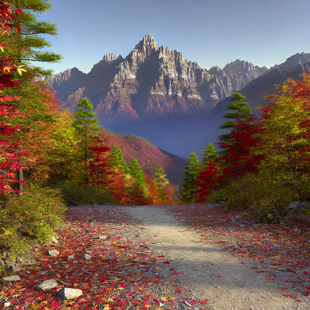 紅葉に染まる山道の先に切り立った岩峰がそびえる秋の絶景 A stunning autumn view with a rocky peak rising beyond a mountain path covered in vibrant foliage