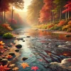 紅葉に彩られた森の中を静かに流れる清流と、水面に浮かぶ落ち葉の風景 A serene stream flowing through an autumn forest with fallen leaves floating on the water