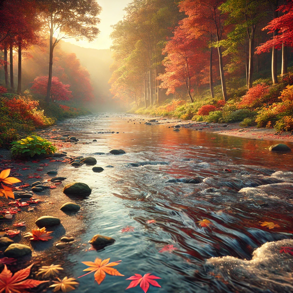 紅葉に彩られた森の中を静かに流れる清流と、水面に浮かぶ落ち葉の風景 A serene stream flowing through an autumn forest with fallen leaves floating on the water