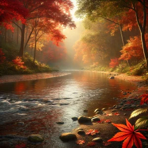紅葉に包まれた渓流が朝日に照らされ、幻想的な雰囲気を醸し出す風景 A mystical autumn river scene bathed in morning sunlight, surrounded by vivid red and golden foliage