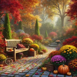 紅葉に包まれた秋の庭、ベンチとカボチャ、菊の花々が彩る温もりある風景 A warm autumn garden scene with a bench, pumpkins, and blooming chrysanthemums surrounded by colorful foliage