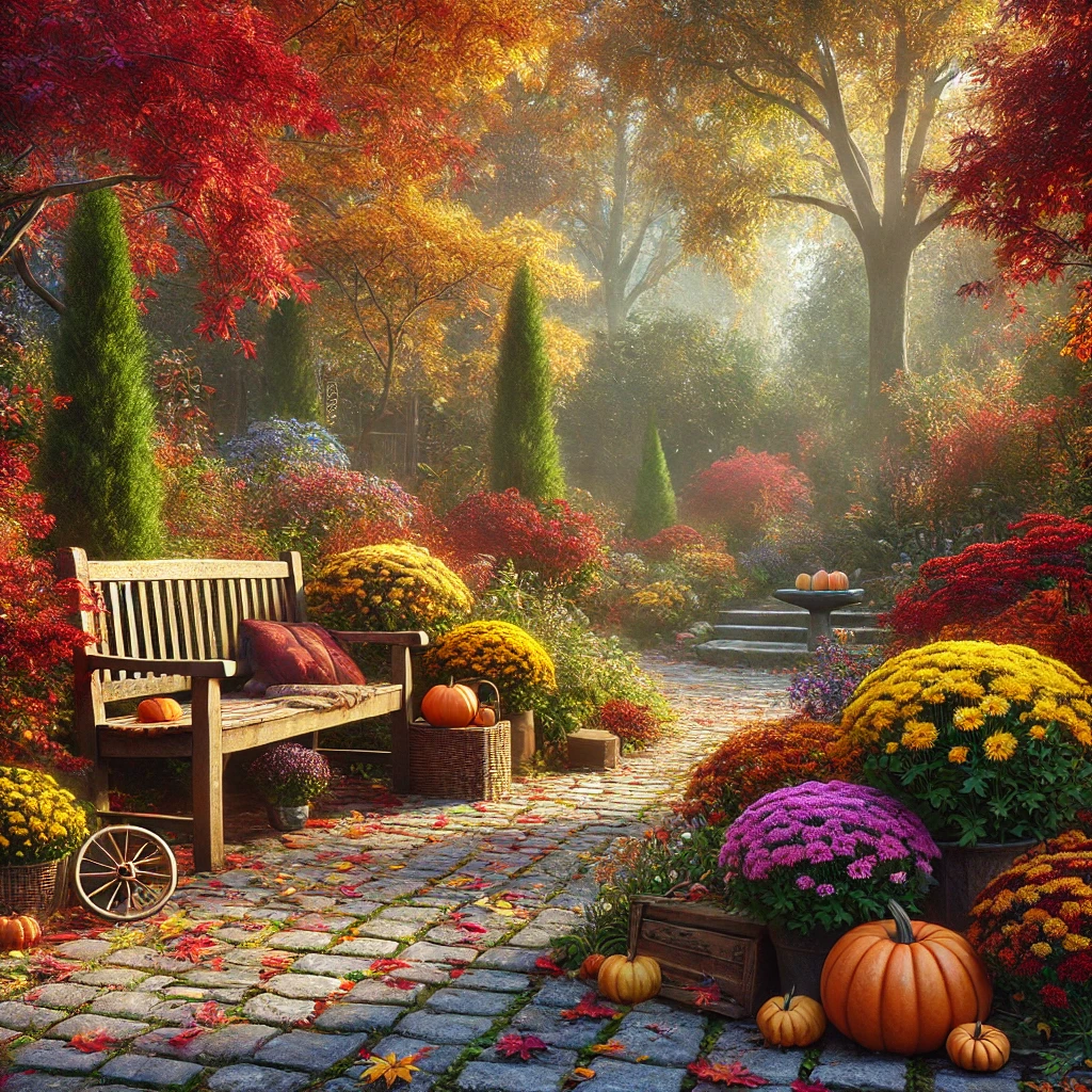 紅葉に包まれた秋の庭、ベンチとカボチャ、菊の花々が彩る温もりある風景 A warm autumn garden scene with a bench, pumpkins, and blooming chrysanthemums surrounded by colorful foliage