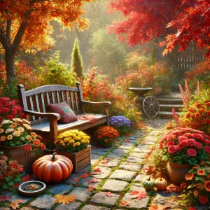 石畳の小道沿いにベンチと花々が並ぶ、秋色に染まった穏やかなガーデン A peaceful autumn garden with a cobblestone path, a bench, and vibrant seasonal flowers in full bloom