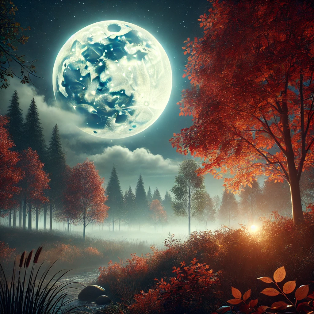 秋の紅葉と松林の上空に浮かぶ幻想的な満月の風景 A magical full moon rising above autumn foliage and pine forest