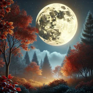 赤く染まった木々と幻想的な月明かりに包まれた静寂の秋の夜 Tranquil autumn night with red-leaved trees illuminated by an enchanting moonlight