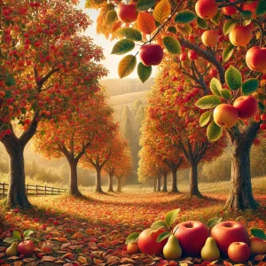 秋の果樹園に実る赤や黄色のりんごと紅葉した木々の並木道 A row of apple trees with red and yellow fruits and autumn foliage in an orchard