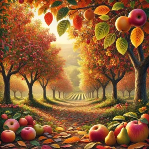 落ち葉が敷き詰められた秋の果樹園に広がるたくさんのりんごと梨 Many apples and pears spread across a leaf-covered path in an autumn orchard