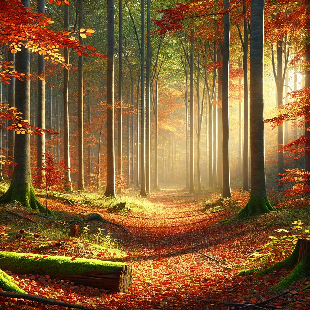 朝の光が差し込む紅葉の森の小径、色とりどりの落ち葉が敷き詰められた静寂な風景 A quiet autumn forest path covered with colorful fallen leaves, illuminated by gentle morning sunlight