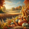 収穫されたカボチャやトウモロコシが並ぶ、秋色に染まったのどかな畑の風景 A peaceful autumn field with harvested pumpkins and corn under a golden sky