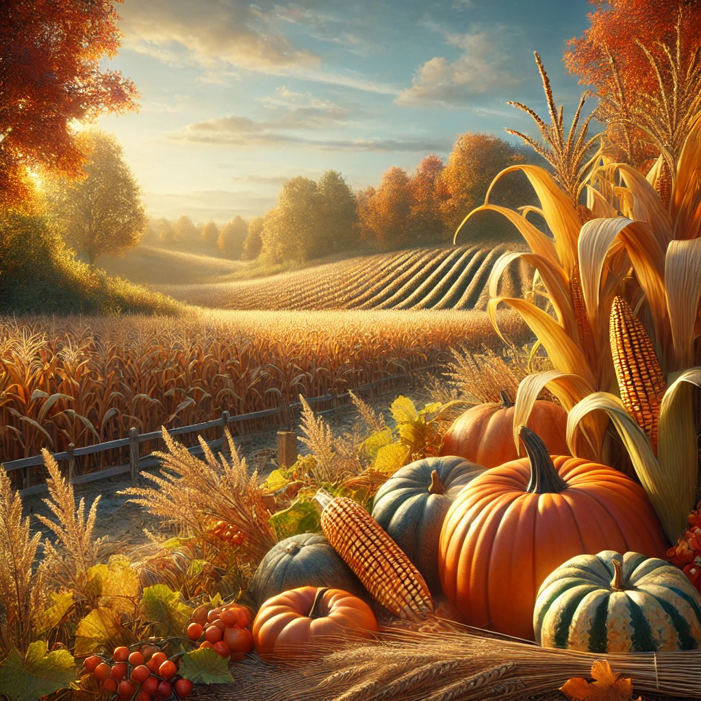 収穫されたカボチャやトウモロコシが並ぶ、秋色に染まったのどかな畑の風景 A peaceful autumn field with harvested pumpkins and corn under a golden sky
