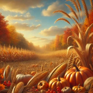 実りの秋を感じさせる、トウモロコシとカボチャが彩る広がる収穫の畑 A bountiful autumn harvest field filled with pumpkins and corn under the warm sunlight