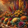 パンジーや ornamental cabbage、キンセンカが咲き誇る秋の花壇 An autumn flower bed filled with pansies, ornamental cabbages, and marigolds