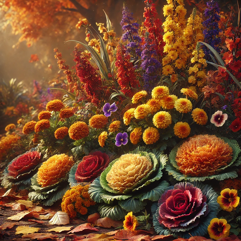 パンジーや ornamental cabbage、キンセンカが咲き誇る秋の花壇 An autumn flower bed filled with pansies, ornamental cabbages, and marigolds