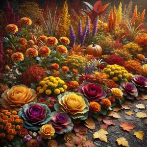 色とりどりの花々とパンプキンが並ぶ落ち葉の上の秋の花壇 An autumn flower bed with colorful blossoms and pumpkins on fallen leaves