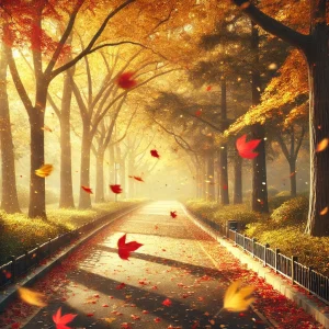 秋風に舞う落ち葉が並木道を彩る穏やかな午後の風景 A peaceful afternoon scene with fallen leaves dancing along a tree-lined path in the autumn breeze