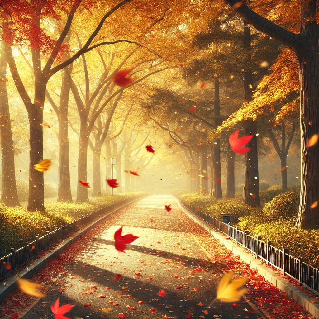 秋風に舞う落ち葉が並木道を彩る穏やかな午後の風景 A peaceful afternoon scene with fallen leaves dancing along a tree-lined path in the autumn breeze