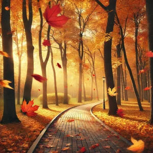 柔らかな秋の風に赤や黄色の葉が舞う静かな林道 A quiet forest path where red and yellow leaves swirl gently in the soft autumn wind
