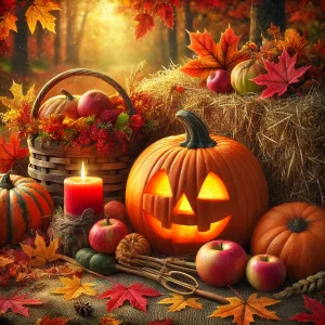 林の中の干し草と果物に囲まれた笑顔のカボチャランタン Smiling pumpkin lantern surrounded by hay and fruits in a forest setting