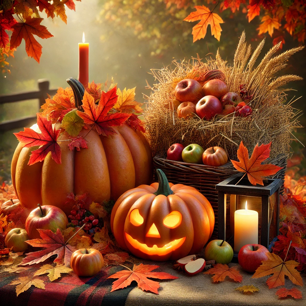 ジャック・オー・ランタンとキャンドルが灯る秋のデコレーション Autumn decorations with jack-o'-lanterns and glowing candles