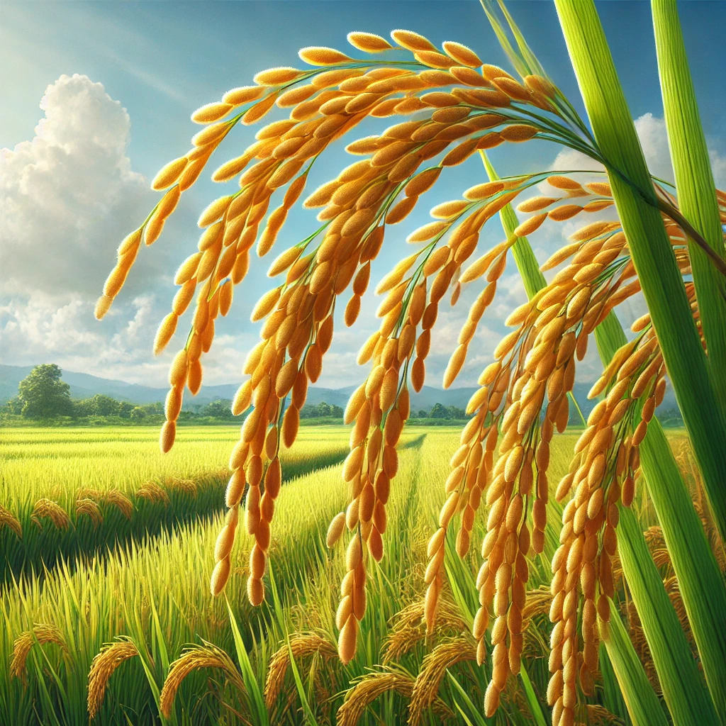 黄金色に実った稲穂が垂れ下がる、美しい田園風景 Golden rice ears bending under their weight in a picturesque countryside landscape