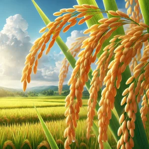 広がる水田を背景に、稲穂が大きく実る秋の風景 Autumn scene with ripened rice ears against the backdrop of expansive paddy fields