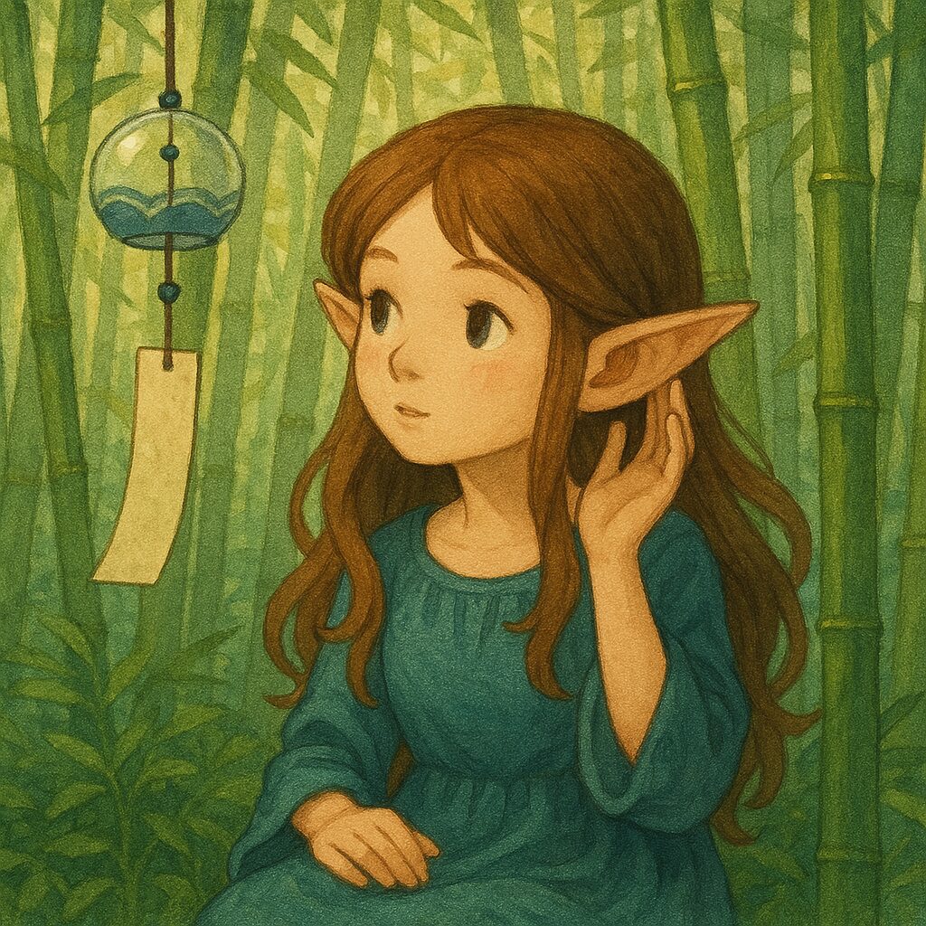竹林の中で風鈴の音に耳を澄ませ、涼やかな表情を浮かべるエルフの少女の姿 A cute elf girl listening intently to the sound of a wind chime in a bamboo grove, with a serene expression