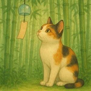 竹林の中で風鈴の音に耳を傾ける三毛猫 : A calico cat listening to the sound of a wind chime in a bamboo grove