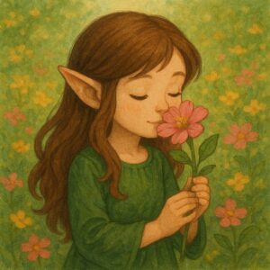 花の香りを楽しむかわいい女の子のエルフ : A cute elf girl enjoying the scent of flowers in a blooming field