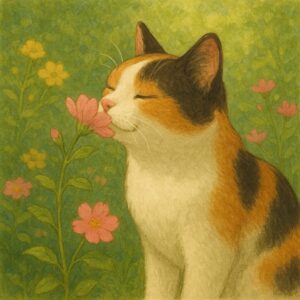 花の香りを楽しみながら目を細める三毛猫のイラスト。やわらかな緑の背景にピンクや黄色の花が咲き、穏やかな表情が印象的。
A calico cat enjoying the fragrance of flowers with closed eyes, surrounded by blooming pink and yellow flowers against a soft green background.