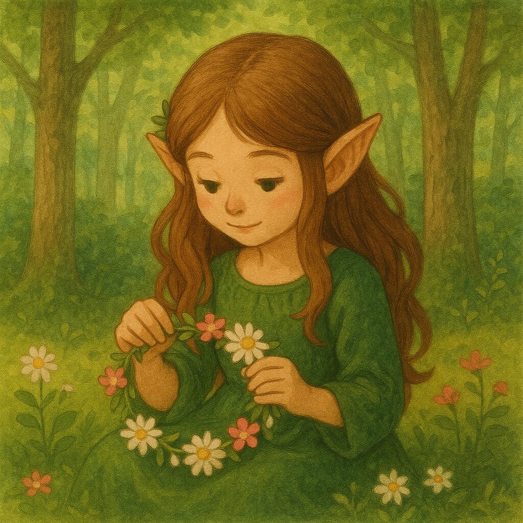 森の中で花冠を編みながら微笑むエルフの少女の穏やかで愛らしい姿 A cute elf girl peacefully weaving a flower crown in the forest with a gentle smile