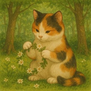 森の中で花冠を編んでいる三毛猫が、前足で器用に花を繋ぎ合わせている愛らしい姿
A calico cat in the forest adorably weaving a flower crown with its paws