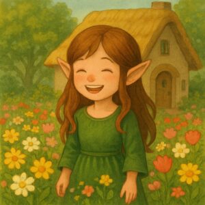 花畑に囲まれた小さな家の前で、エルフの少女が楽しそうに笑って立っている温かな情景 A cheerful elf girl smiling in front of a small house surrounded by a colorful flower field