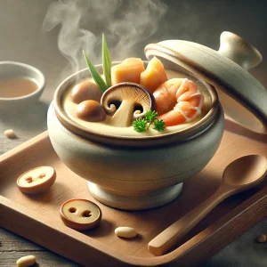 湯気が立ちのぼる茶碗蒸しにエビや椎茸が彩りよく盛り付けられた一品
Steaming chawanmushi topped with shrimp and shiitake mushrooms in an elegant presentation