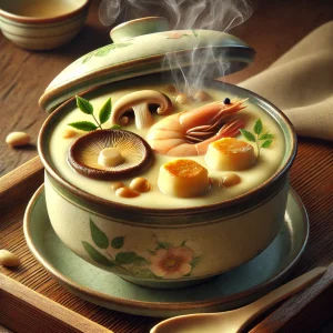 蓋を開けた瞬間に湯気が立ちのぼる具だくさんの茶碗蒸しが温かみある器に盛られる
Hearty chawanmushi filled with ingredients and served steaming hot in a traditional floral-patterned bowl