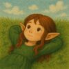 草の上で寝転びながら青空を見上げるかわいい女の子のエルフ : A cute elf girl lying on the grass and gazing up at the blue sky