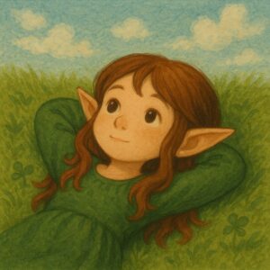 草の上で寝転びながら青空を見上げるかわいい女の子のエルフ : A cute elf girl lying on the grass and gazing up at the blue sky