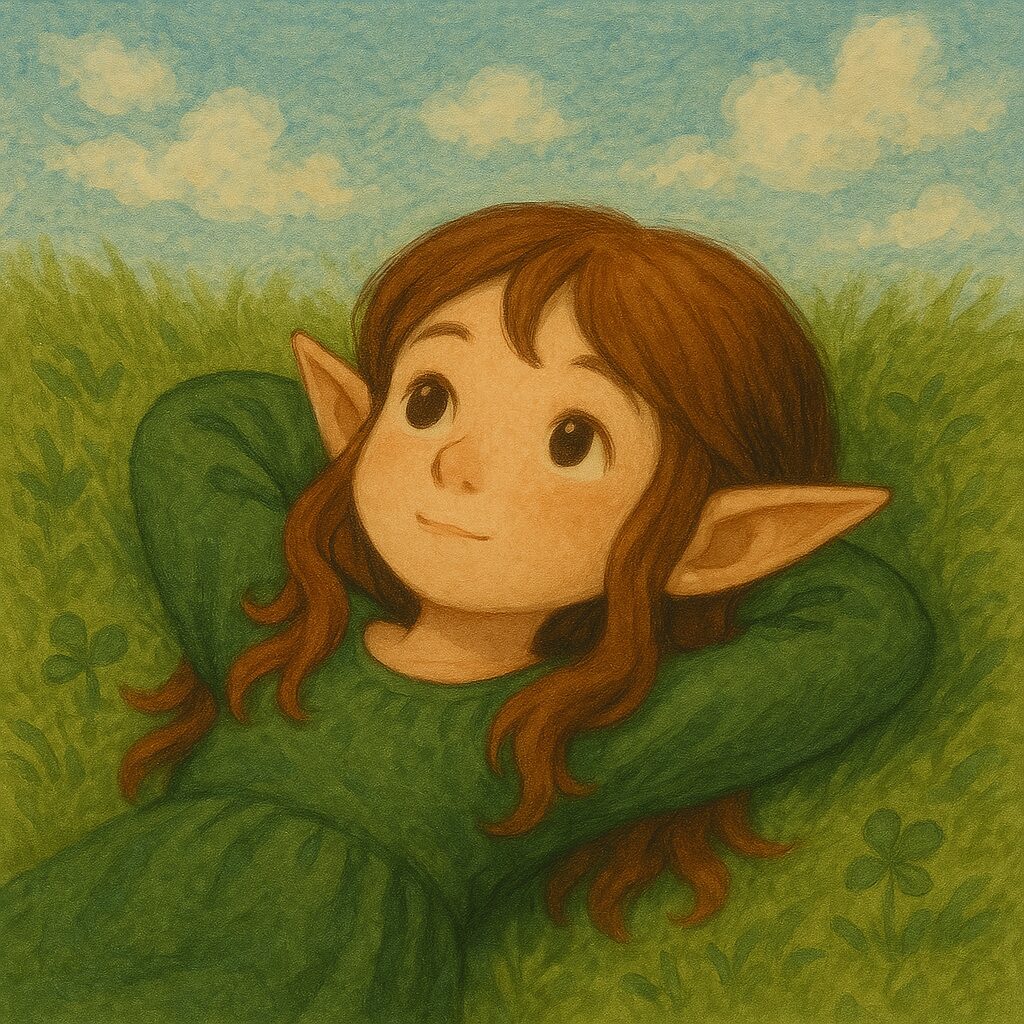 草の上で寝転びながら青空を見上げるかわいい女の子のエルフ : A cute elf girl lying on the grass and gazing up at the blue sky