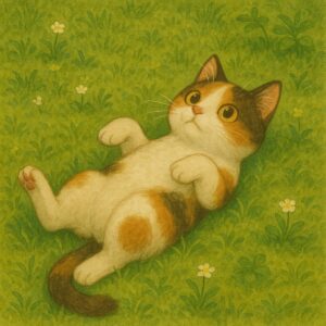草の上で寝転びながら空を見上げる三毛猫。無邪気な表情で前足を少し上げ、のんびりとリラックスしている姿。 : A calico cat lying on the grass and looking up at the sky, with an innocent expression and relaxed posture.