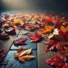 落ち葉が敷き詰められたタイルの上に柔らかな光が差し込む風景 A soft light shines on fallen leaves scattered across a tiled surface