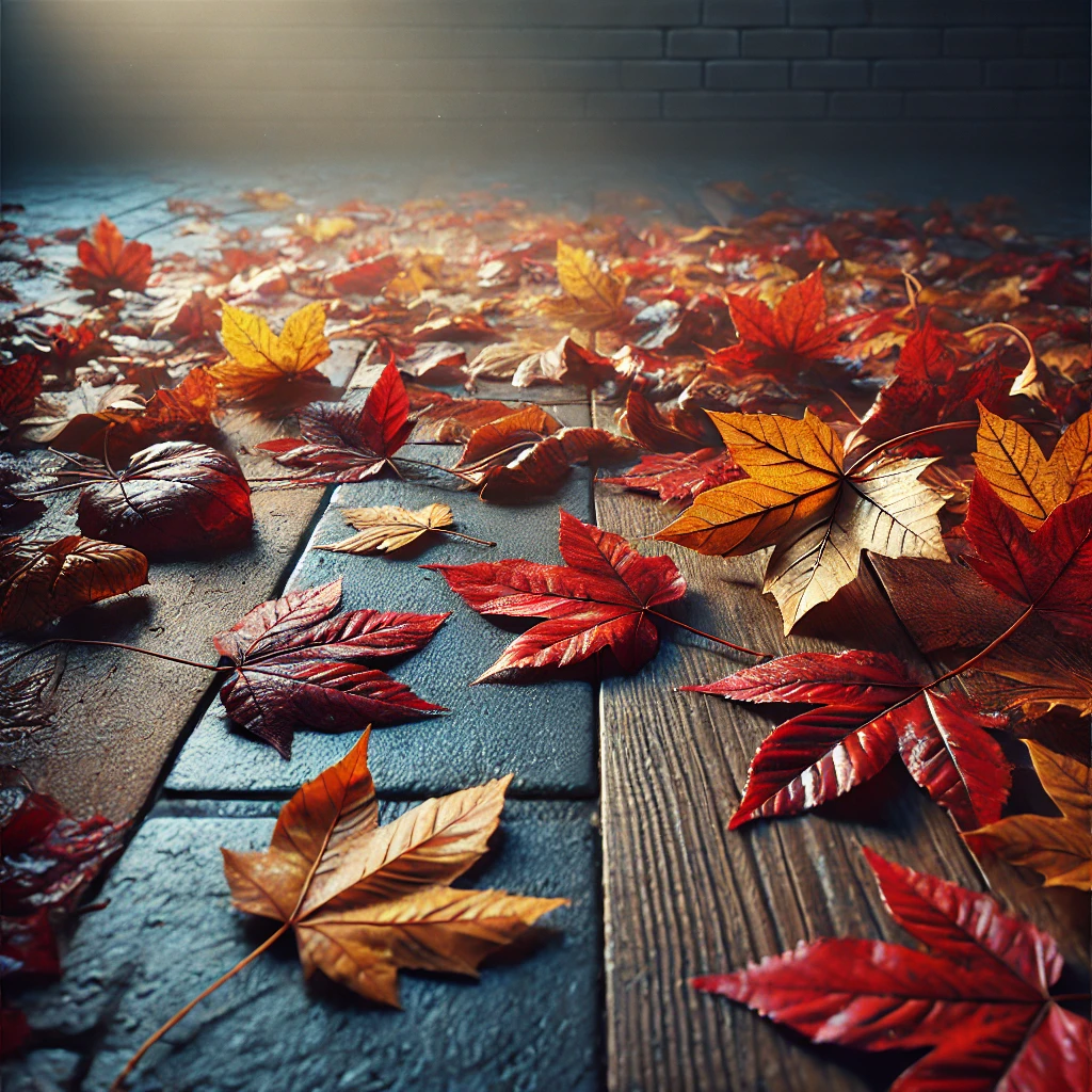 落ち葉が敷き詰められたタイルの上に柔らかな光が差し込む風景 A soft light shines on fallen leaves scattered across a tiled surface