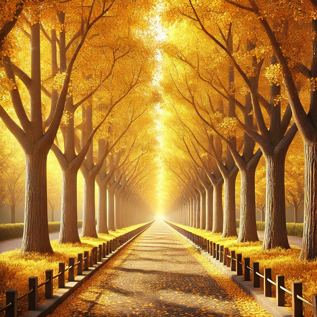 黄金色の銀杏並木がまっすぐ続く秋の一本道 A straight autumn path lined with golden ginkgo trees