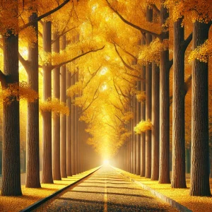 光に包まれた幻想的な銀杏並木の小道 A magical ginkgo tree-lined avenue bathed in light