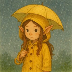雨の中で黄色いレインコートと傘を身に着け、微笑みながら立つかわいい女の子のエルフ : A cute elf girl standing with a yellow raincoat and umbrella, smiling on a rainy day