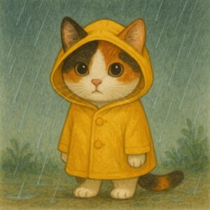 雨の日に黄色いレインコートを着て立つ三毛猫：A calico cat wearing a yellow raincoat standing on a rainy day