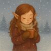 雪の中で手袋をはめたエルフの少女が、両手でカップを包み込みながら温かいココアを飲んでいる微笑ましい姿 An elf girl in the snow wearing gloves, holding a cup with both hands and drinking warm cocoa with a gentle smile