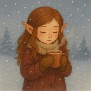 雪の中で手袋をはめたエルフの少女が、両手でカップを包み込みながら温かいココアを飲んでいる微笑ましい姿 An elf girl in the snow wearing gloves, holding a cup with both hands and drinking warm cocoa with a gentle smile