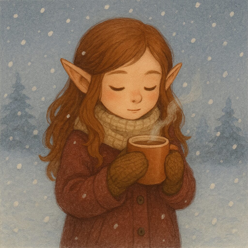 雪の中で手袋をはめたエルフの少女が、両手でカップを包み込みながら温かいココアを飲んでいる微笑ましい姿 An elf girl in the snow wearing gloves, holding a cup with both hands and drinking warm cocoa with a gentle smile