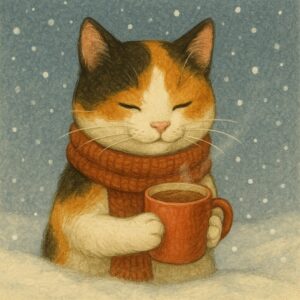 雪の降る中でマフラーを巻いた三毛猫が、両手でマグカップを持ちながら温かいココアを味わっている愛らしい姿
A calico cat wearing a scarf, holding a mug with both paws and enjoying warm cocoa in the falling snow