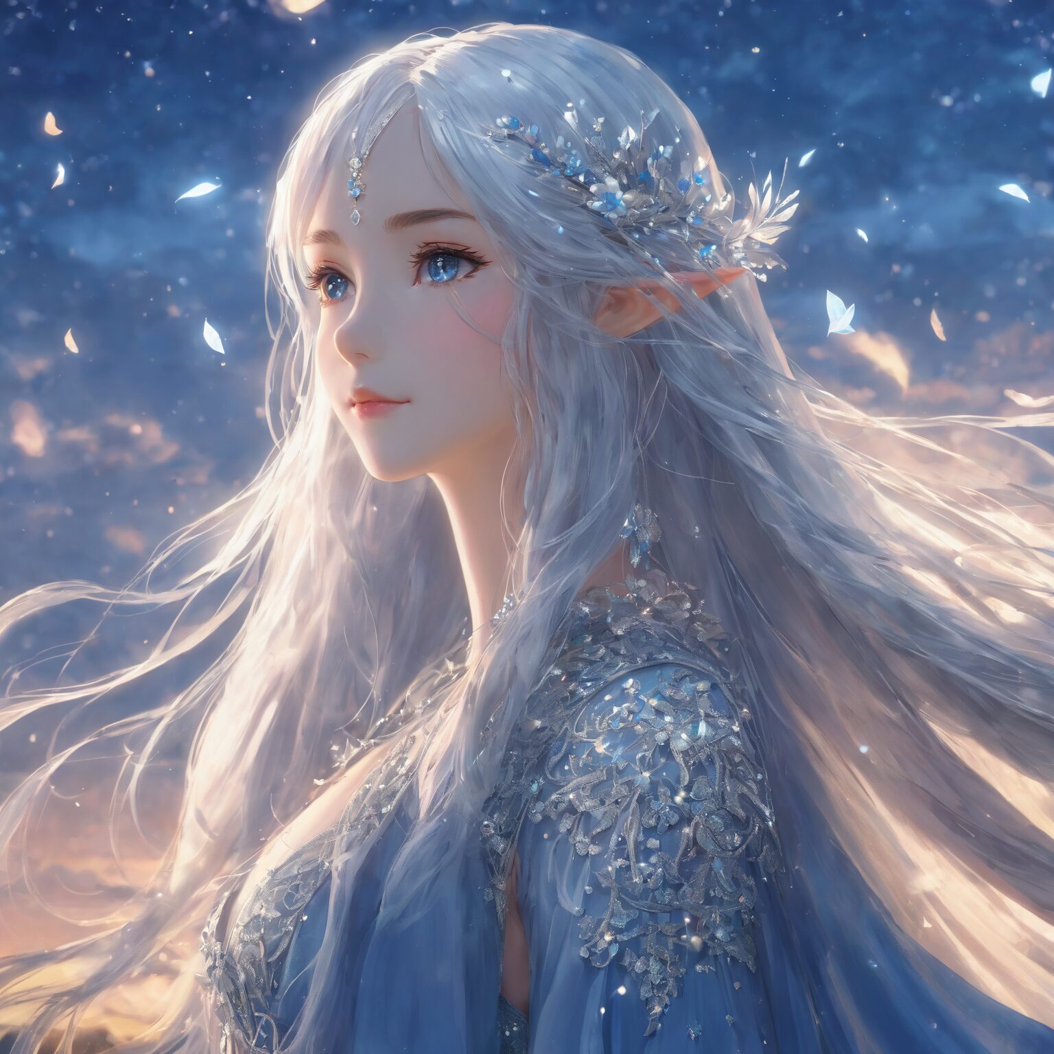 夕暮れの風に髪をなびかせながら寂しげにほほえむ銀髪のエルフ姫の幻想的なイラスト / Fantasy illustration of a silver-haired elf princess smiling wistfully as her hair flows in the evening breeze