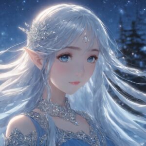 夜空を背景に切なげな微笑みを浮かべる銀髪のエルフの美しいイラスト / Beautiful illustration of a silver-haired elf with a sorrowful smile against the night sky backdrop